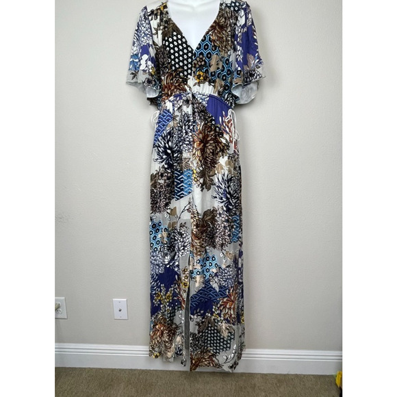 Hale Bob Maxi Dress Size M Boho Velvet Burnout Floral Festival Slit Viscos Blend - Picture 1 of 14